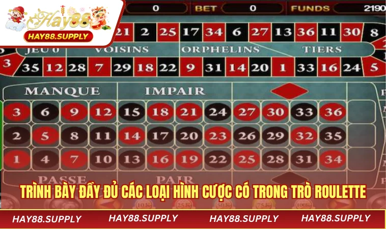 Trình bày đầy đủ các loại hình cược có trong trò Roulette